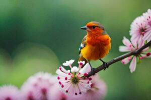 a small orange bird sits on a branch of a tree. AI-Generated photo
