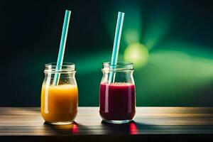 two glasses of juice with straws on a wooden table. AI-Generated photo