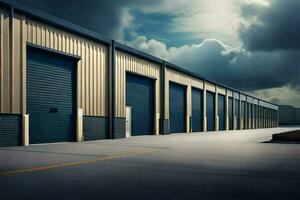 a row of industrial buildings with dark clouds in the background. AI-Generated photo