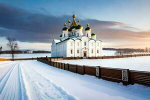 un Iglesia en el nieve con nieve en el suelo. generado por ai foto