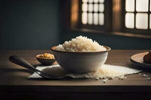 a bowl of rice on a table with a spoon and a bowl of rice on the side. AI-Generated photo