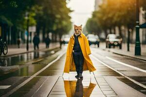 a fox wearing a yellow coat and walking down a street. AI-Generated photo