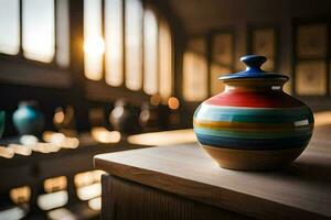 a colorful vase sitting on a wooden table. AI-Generated photo