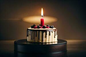 un pequeño cumpleaños pastel con un vela en cima. generado por ai foto