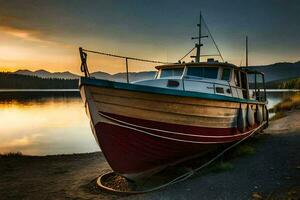 a boat sits on the shore at sunset. AI-Generated photo