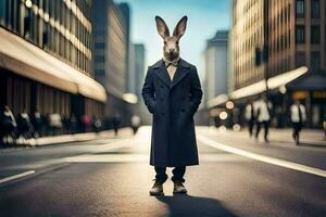 un Conejo vistiendo un Saco y Corbata en pie en el medio de un ciudad calle. generado por ai foto