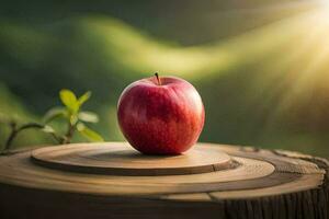 an apple sits on top of a wooden stump. AI-Generated photo