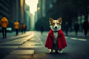 a dog wearing a red coat standing on the street. AI-Generated photo