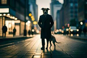 un hombre en un traje y Corbata en pie siguiente a un perro en un ciudad calle. generado por ai foto