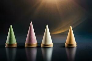 five cones with different colors on a black background. AI-Generated photo