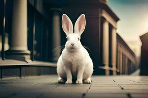 white rabbit sitting on the sidewalk in front of a building. AI-Generated photo