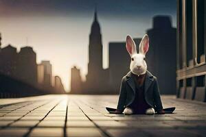 a rabbit in a suit and tie sits on the ground. AI-Generated photo