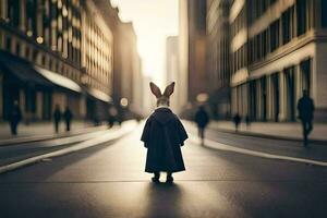 a rabbit in a suit stands in the middle of a city street. AI-Generated photo