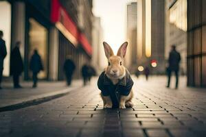 a rabbit in a suit is standing on a street. AI-Generated photo