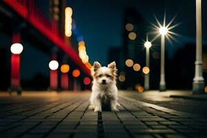 a small dog sitting on the ground in front of a bridge. AI-Generated photo