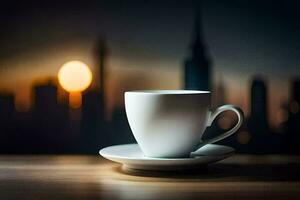 a coffee cup sits on a table in front of a city skyline. AI-Generated photo