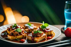 a plate of food with meat and sauce on it. AI-Generated photo