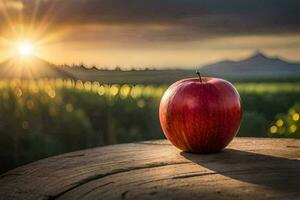 an apple sits on a table in front of a sunset. AI-Generated photo