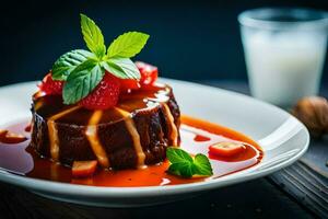 chocolate cake with strawberries and cream sauce on a plate. AI-Generated photo