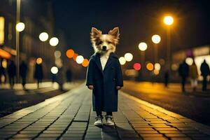 a dog wearing a coat and standing on a street at night. AI-Generated photo