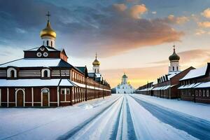 a snowy road leads to a church with two domes. AI-Generated photo