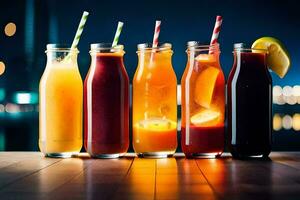 five different types of juices in glass bottles. AI-Generated photo