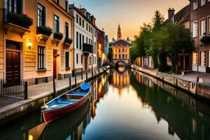 a boat is sitting on a canal in a city. AI-Generated photo