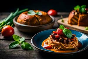 spaghetti with tomato sauce and vegetables on a wooden table. AI-Generated photo