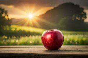 an apple sits on a wooden table in front of a field. AI-Generated photo