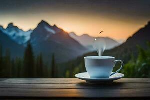 the coffee cup is on a wooden table with a mountain in the background. AI-Generated photo