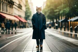 a cat wearing a trench coat and standing on a street. AI-Generated photo