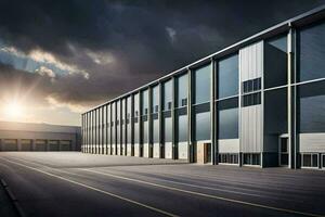 a large warehouse building with a sun shining in the background. AI-Generated photo