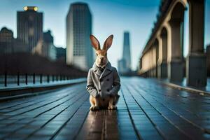 a rabbit wearing a coat and sitting on a bridge. AI-Generated photo