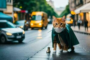 a cat wearing a green coat on the street. AI-Generated photo