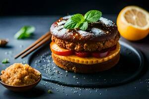 a sandwich with fruit and spices on a black plate. AI-Generated photo
