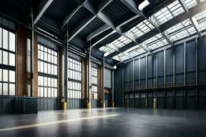an empty warehouse with large windows. AI-Generated photo
