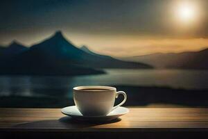 coffee cup on the table with mountains in the background. AI-Generated photo