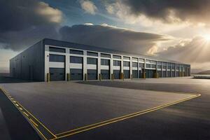 a large warehouse building with a sun shining through the clouds. AI-Generated photo