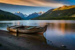 a boat sits on the shore of a lake in the mountains. AI-Generated photo