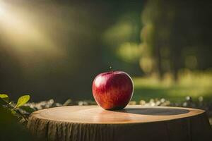 an apple sits on top of a stump in the sunlight. AI-Generated photo