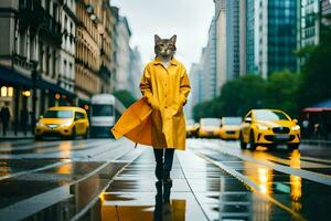 a cat wearing a yellow raincoat on a rainy day. AI-Generated photo