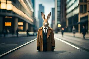 a rabbit wearing a suit and tie standing in the middle of a city street. AI-Generated photo