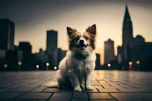 a dog sitting on a brick walkway in front of a city skyline. AI-Generated photo