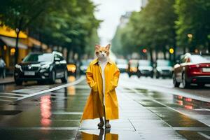 a cat in a yellow raincoat standing on a wet street. AI-Generated photo