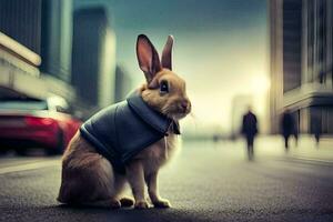 a rabbit wearing a vest on the street. AI-Generated photo