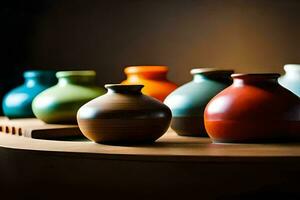 a group of colorful vases sitting on a table. AI-Generated photo