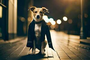 a dog wearing a jacket and tie standing on a street. AI-Generated photo