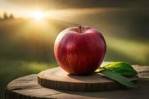 un rojo manzana en un de madera mesa con el Dom brillante. generado por ai foto