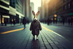 a rabbit wearing a suit and tie walking down a street. AI-Generated photo