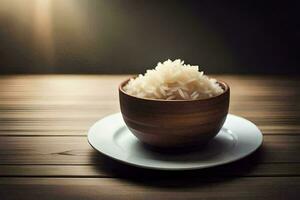 a bowl of rice on a wooden table. AI-Generated photo